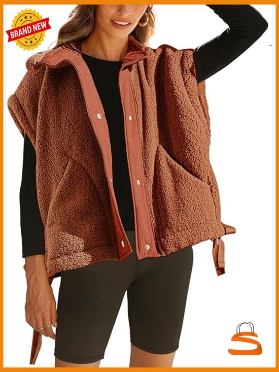 Jackets & Blazers - Oversized Fleece Vest Sleeveless Sherpa Jacket Button Down Gilet with Pockets